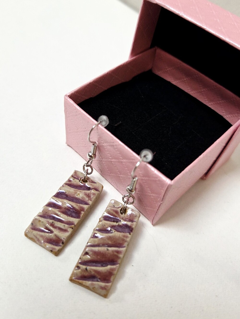 Handmade Ceramic Rectangle Dangle Earrings in Purple and Cream